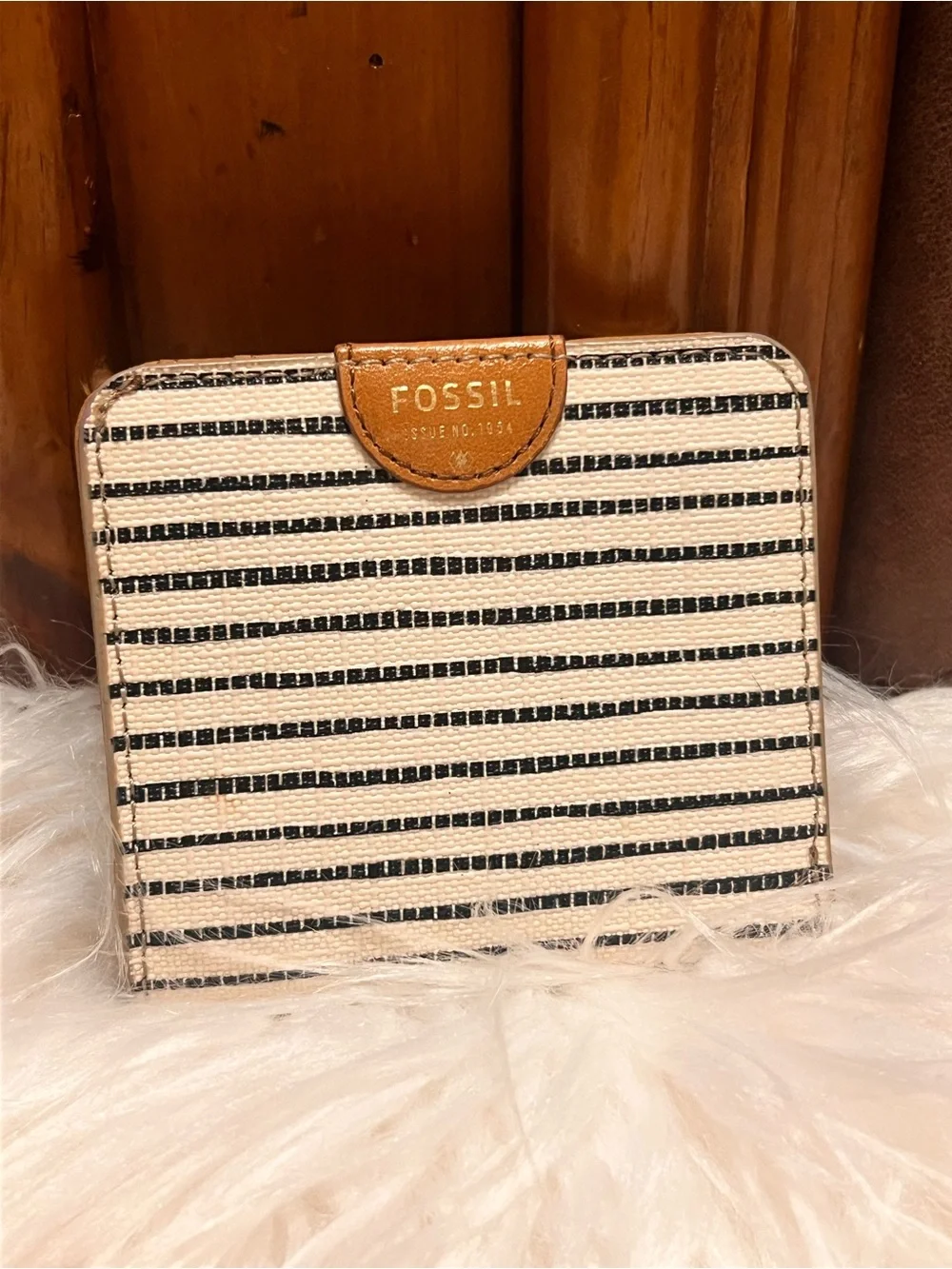 Fossil Black and Cream Striped Wallet with Tan Leather Tab
